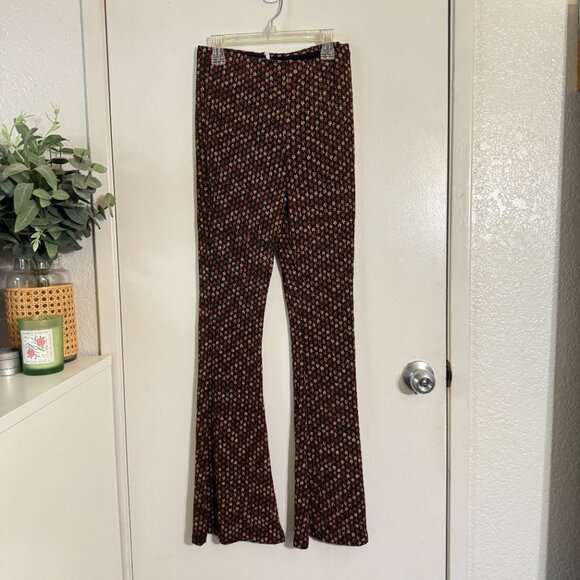 ☀️ FREE PEOPLE Brown Ditzy Floral Flared Pants Party Pull On Metallic Small Boho - Picture 3 of 6